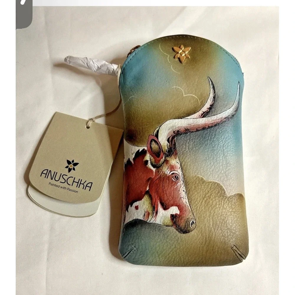 Anuschka Handpainted Leather Phone Eyeglasses Case Pouch Texas Longhorn